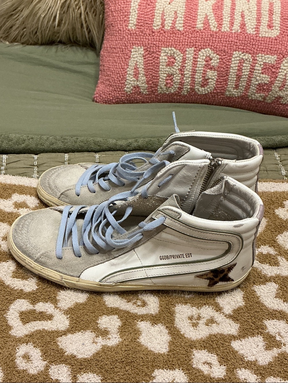 Brand new GG womens White and Light Gray High-Top Sneakers with Light Blue Laces
